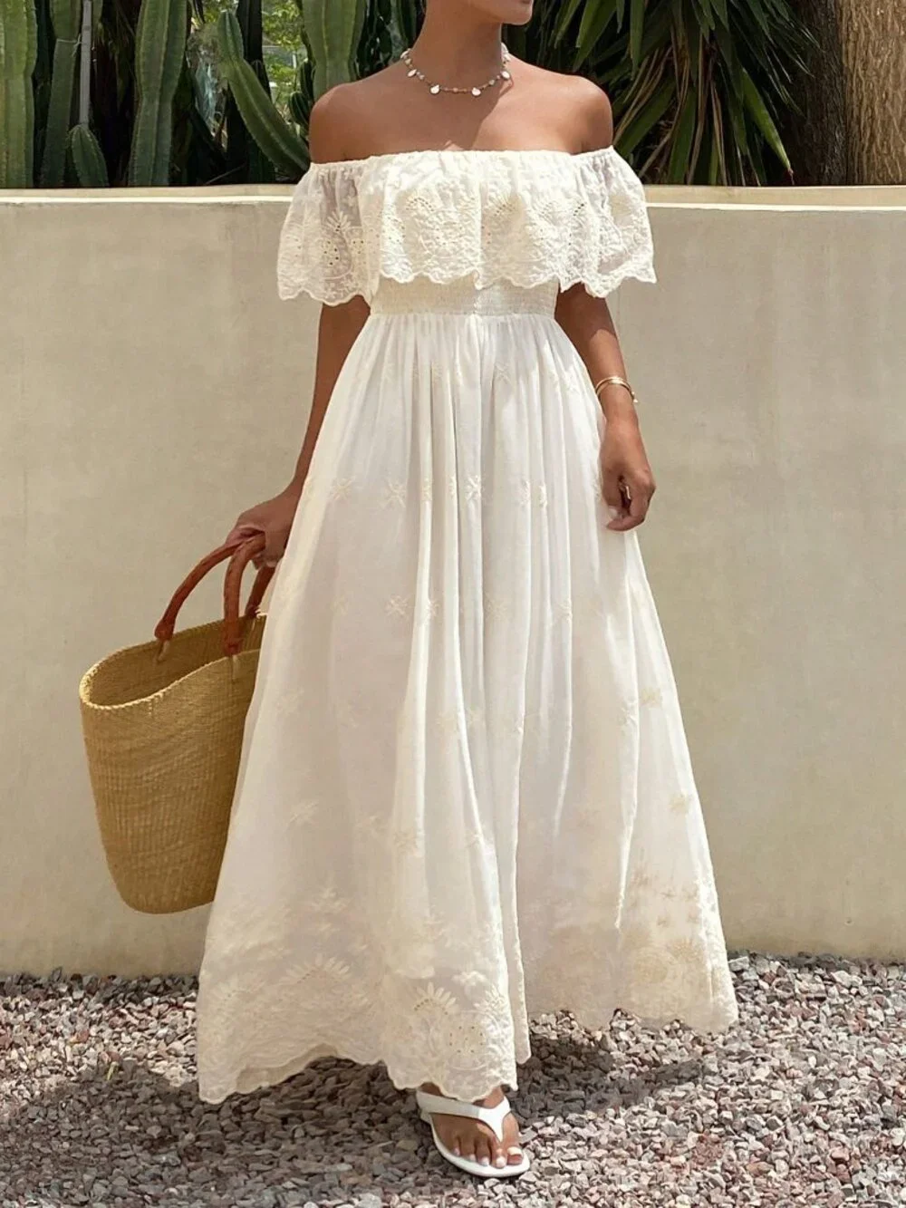Apricot Boho Women's Vacation Embroidered Off-Shoulder Ruffle Sundress - Picture 4 of 7